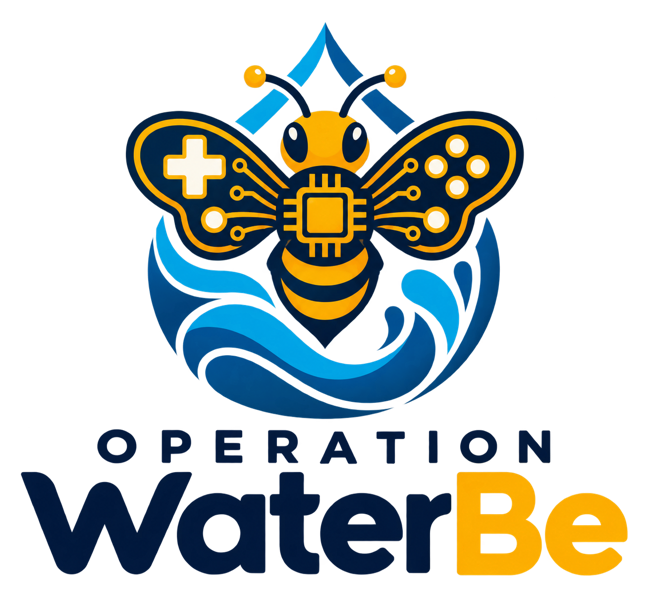 Operation WaterBe bee, gaming, computer chip and water logo